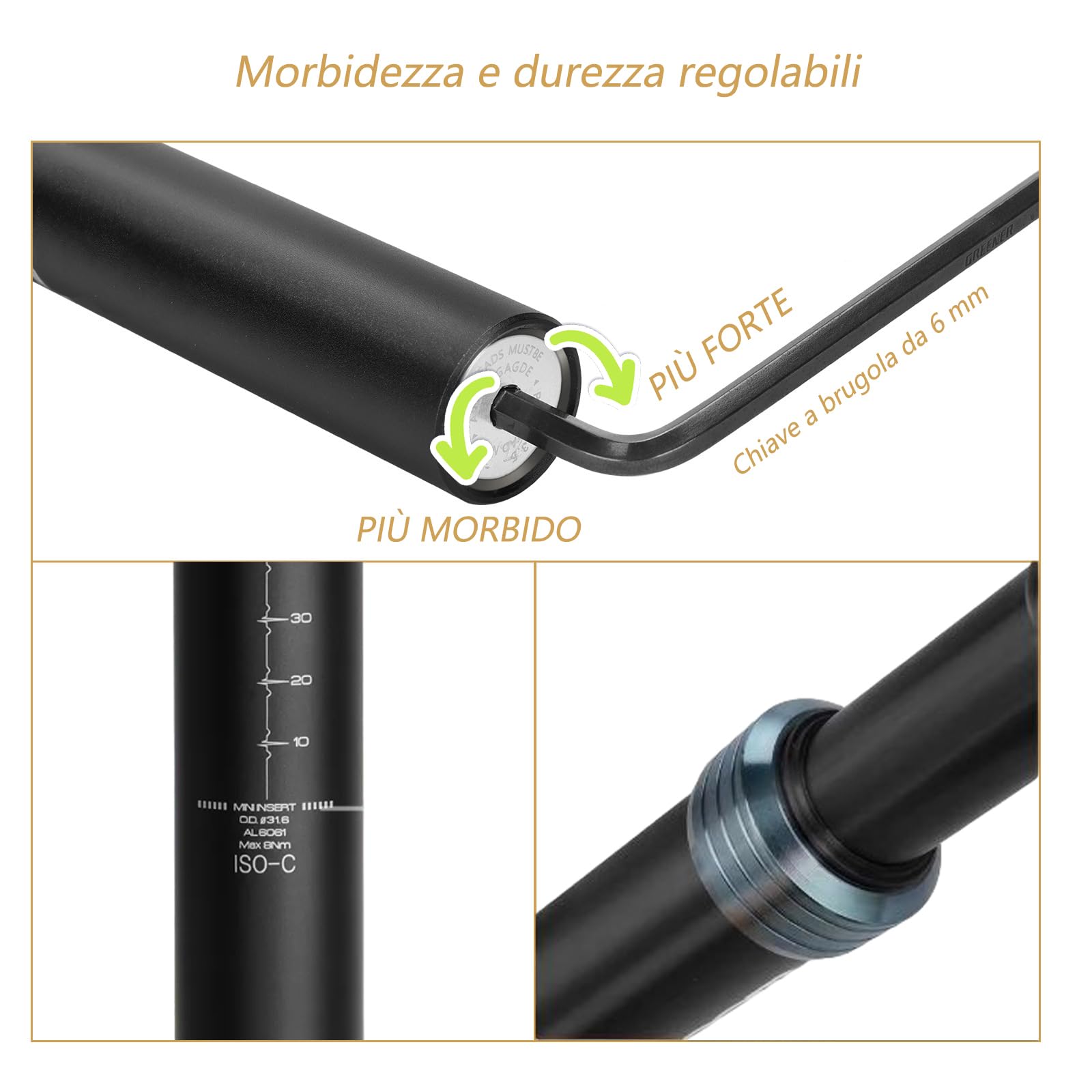 Reggisella per bicicletta con sospensione, diametro Ø31,6mm reggisella con sospensione in lega di alluminio, lunghezza reggisella ammortizzatore 350 mm, reggisella a molla