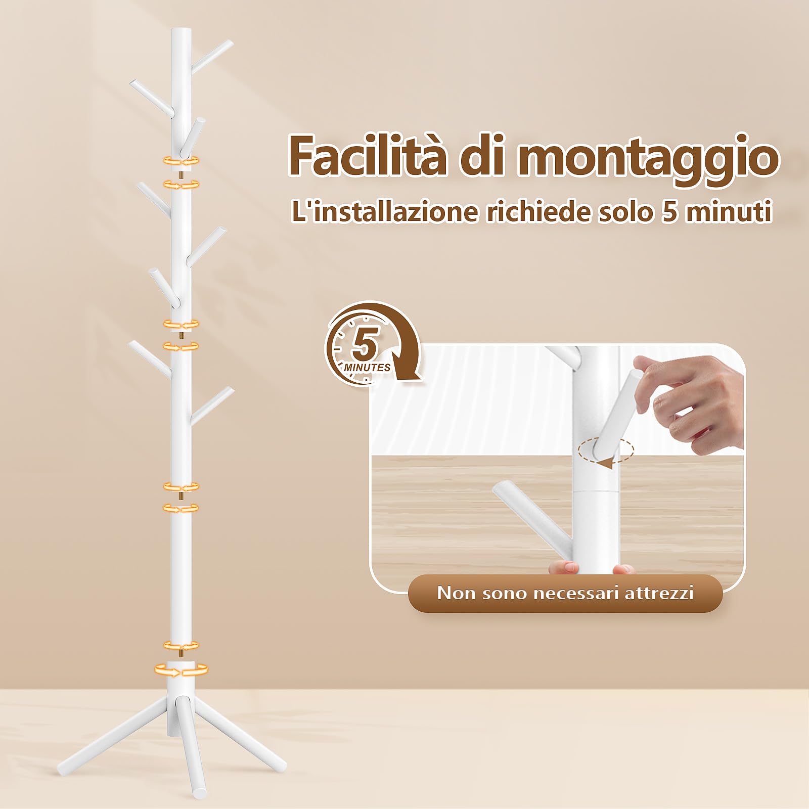 Appendiabiti Da Terra In Legno Con 7 Ganci - Regolabile In Altezza, Per Ingresso O Camera, Design Moderno - Foto 10