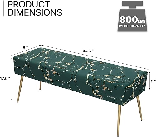 Miniatura 3 de MoNiBloom Banco otomano tapizado de terciopelo verde para dormitorio, extremo de cama, moderno patrón de mármol, otomano elegante y versátil,