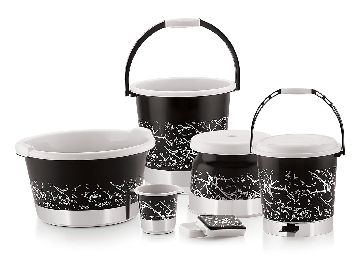 Liza BASTIAN6 Plastic Bucket 20 LTR, Tub 18 LTR, Dustbin, Patla, Soap Dish & Mug 1ltr, Bathroom Set 6 pcs, Heavy Duty, Large Capacity Colour: Black Silver (B09TBD5Q7H) Amazon Price History, Amazon Price Tracker