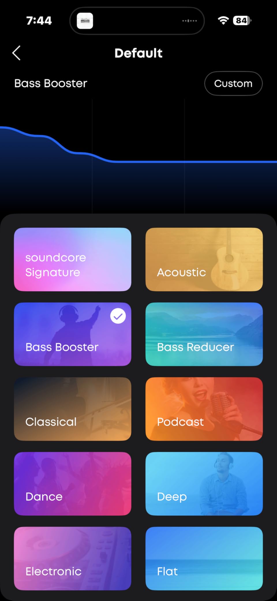 Soundcore app showing EQ presets like bass booster and classical
