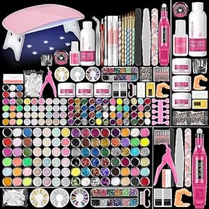 Acrylic nail kit with Drill and U V Light Nail Kit Acrylic Set Professional Acrylic with Everything for Beginners 45pcs Acrylic Powder 48pcs Glitter Decoration Powder Acrylic Nail Starter Kit BFUS0001