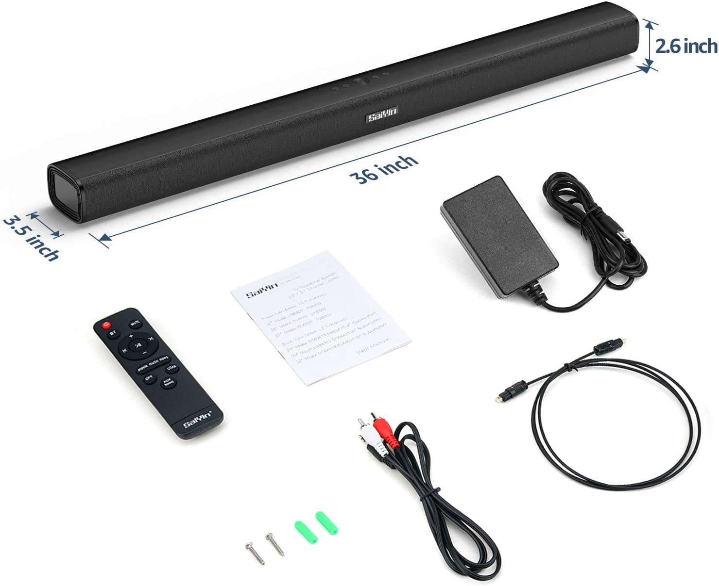 MAJORITY Snowdon Soundbar and its components laid out, with dimensions indicated as 36 inches long, 3.5 inches deep, and 2.6 inches high.