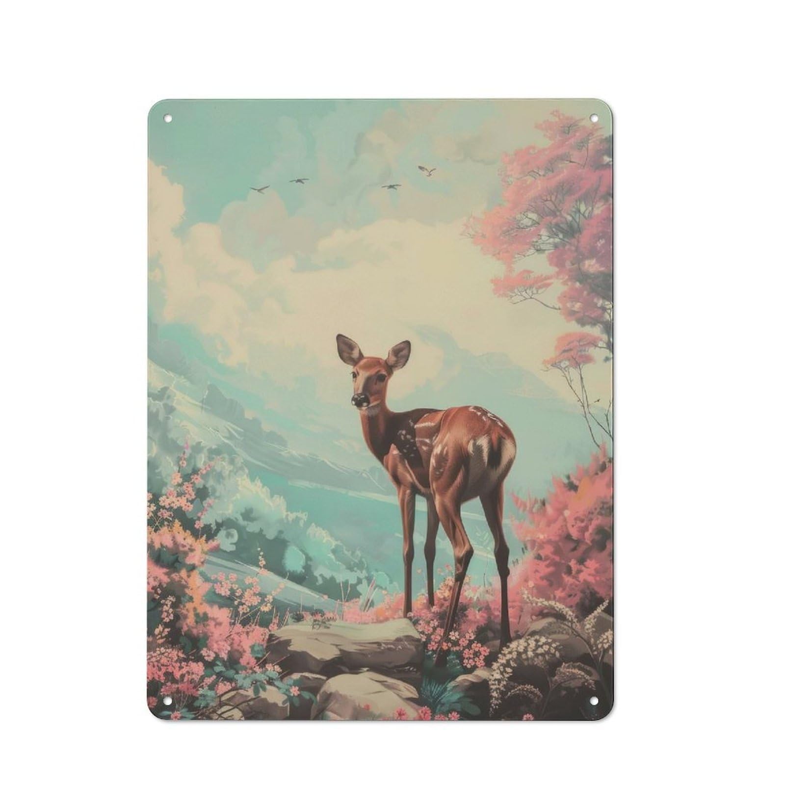 Junmoney Fawn In A Dreamy Landscape Metal Wall Sign 40X30cm Featuring For Home Bar Wall, For Themed Interiors In Home Bars And Entertaining Spaces