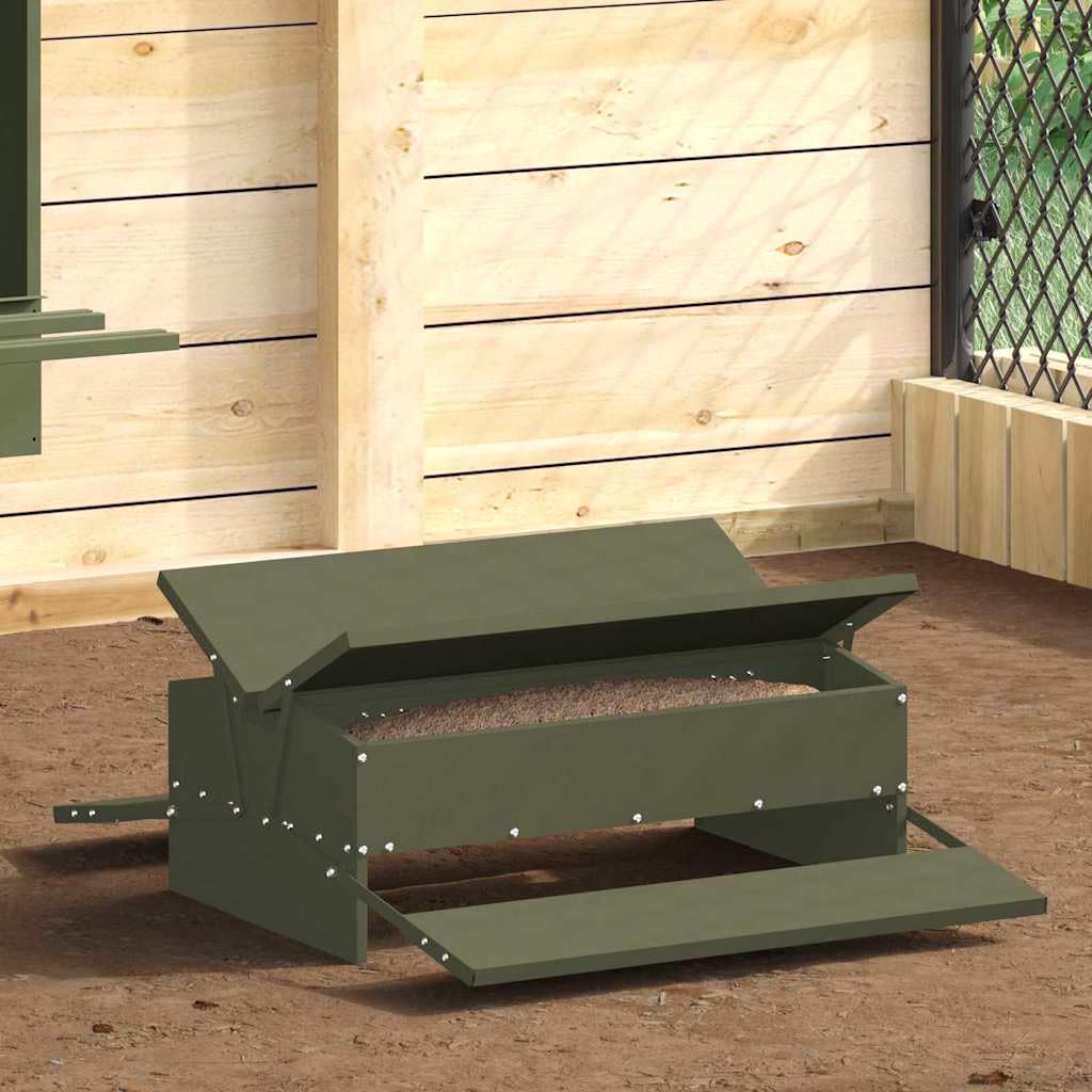 Comedero gallinas metal verde oliva 75 x 53 x 20,5 cm, alimentador gallinas con pedal de acero resistente, diseño funcional para jardín o terraza, montaje fácil con destornillador,