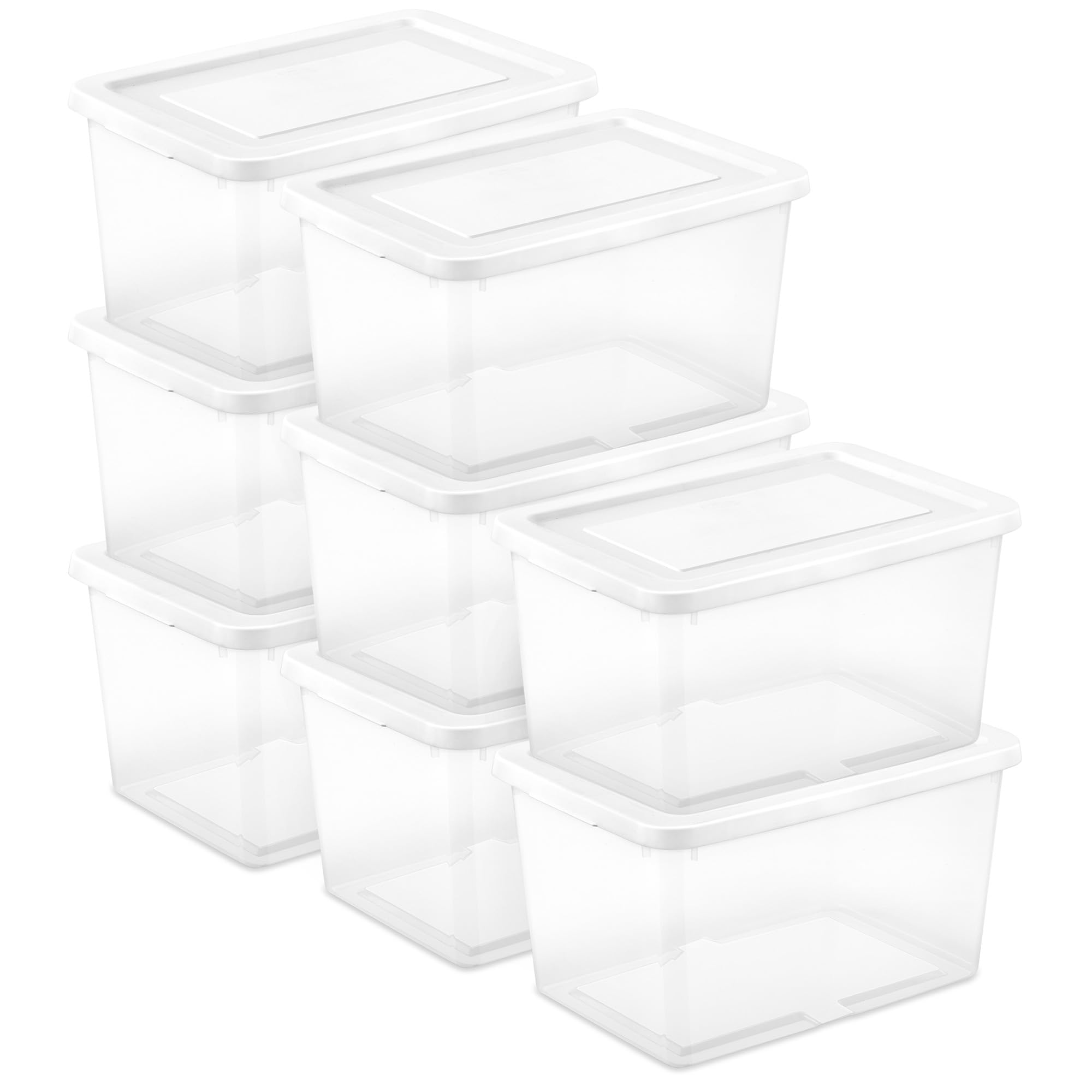 Sterilite 8 Pack Storage Box, 20 Quart Stackable Tote, Clear Plastic Container with Secure Snapping Lids for Home and Office Organization, White