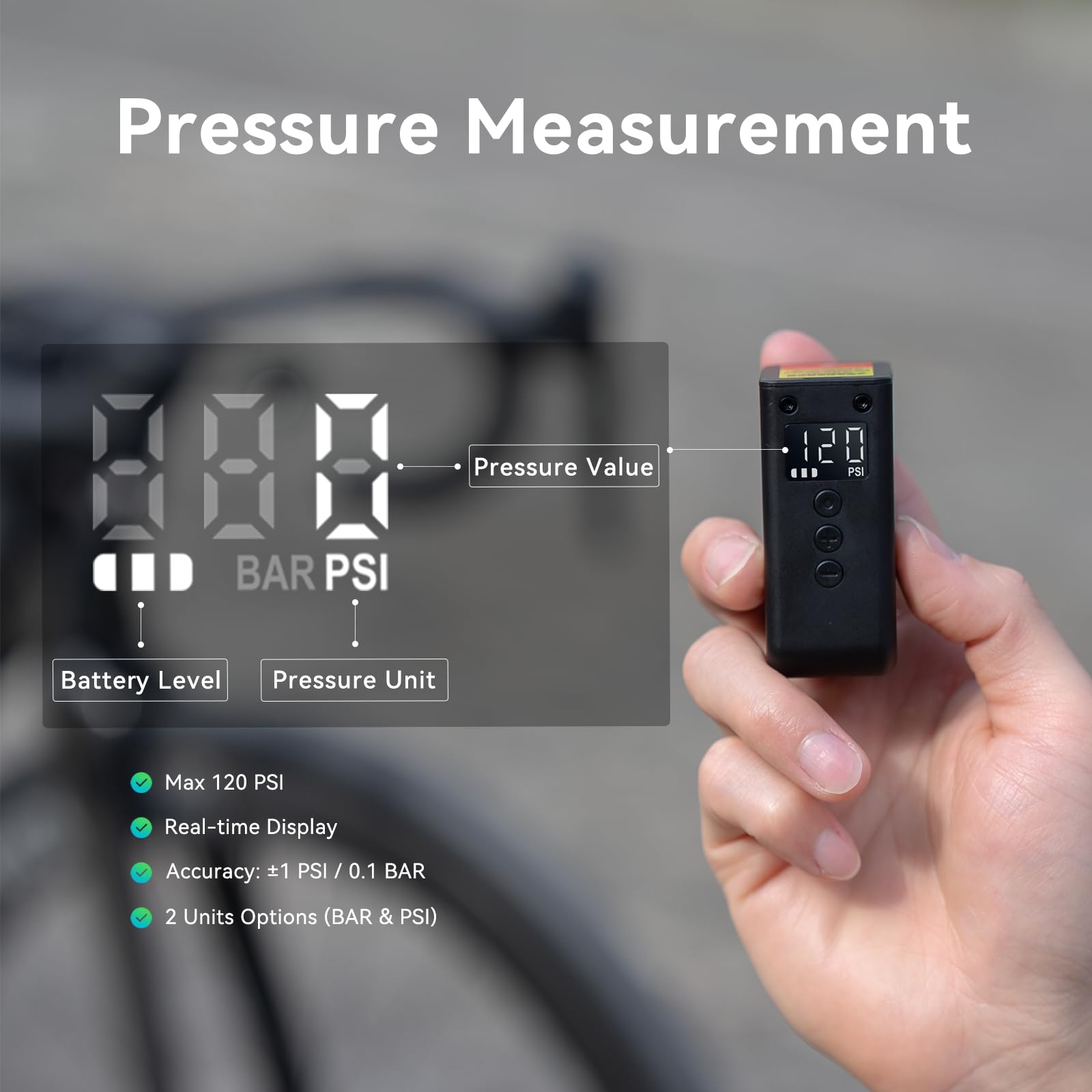 CYCPLUS Mini Pompa per Bicicletta con Manometro, Pompa Elettrica Compatta da 120 PSI, Funzione di Arresto Automatico, Valvole Presta e Schrader per E-Bike, MTB e Bici da Corsa AS2 Ultra (87g)