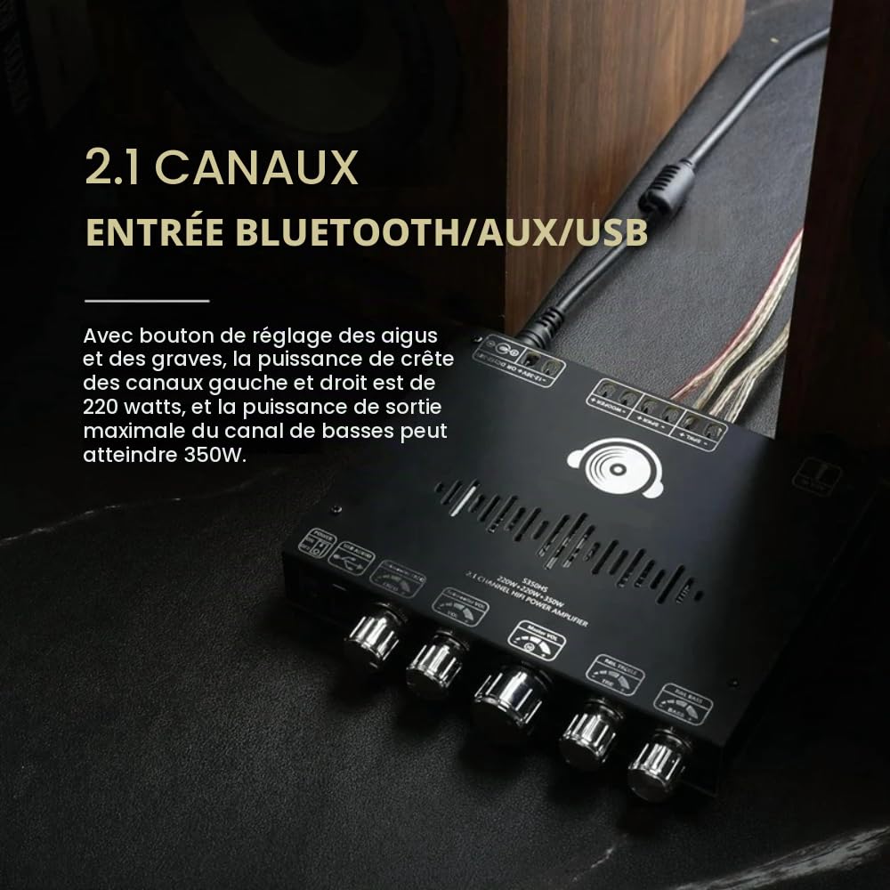 DollaTek Carte d'amplificateur Bluetooth 2.1 canaux 220Wx2+350W 12 V-38V Module d'amplificateur de puissance audio Prise en charge du contrôle par application Prend en les entrées AUX USB 3.5 mm