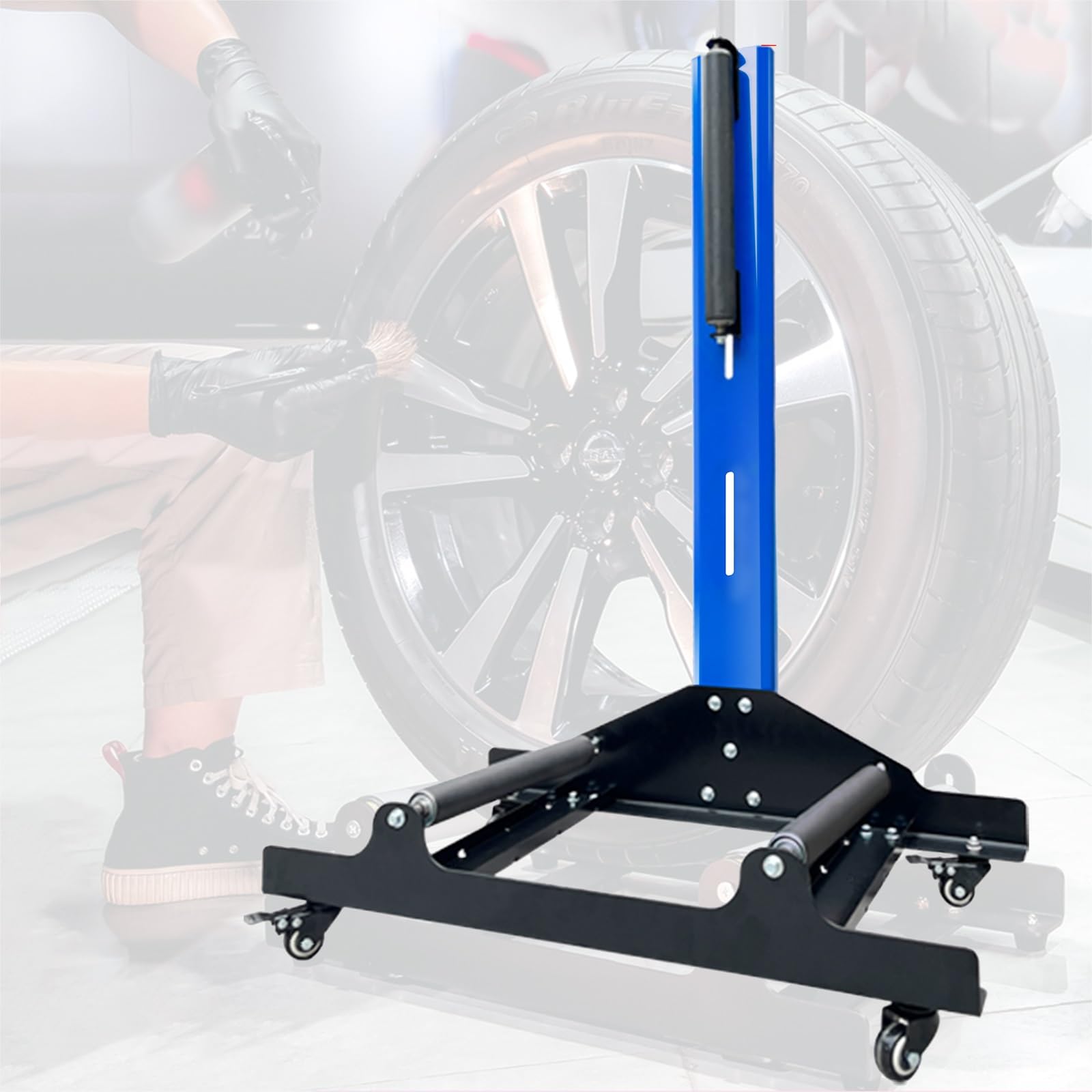 XCSCUK Heavy Duty Tire Cleaning Stand,Tire Cleaning Rack,with 3 Stainless Steel Rollers, for Garage, Auto Repair Shop, Personal Workshop (Blue)