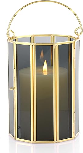 OwnMy Portavelas geométrico dorado para pilar de metal, farol decorativo con asa, jarrón de terrario de cristal, centro de vela geométrico para mesa