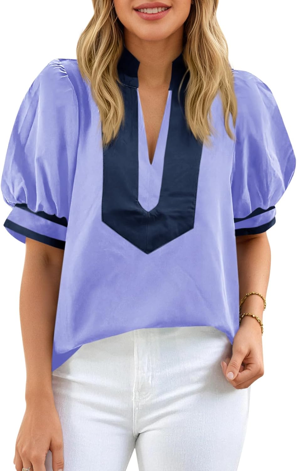 Cicy Bell Womens Color Block Puff Sleeve Blouses Summer Casual Dressy V Neck Tops Loose Fit Tee Shirts