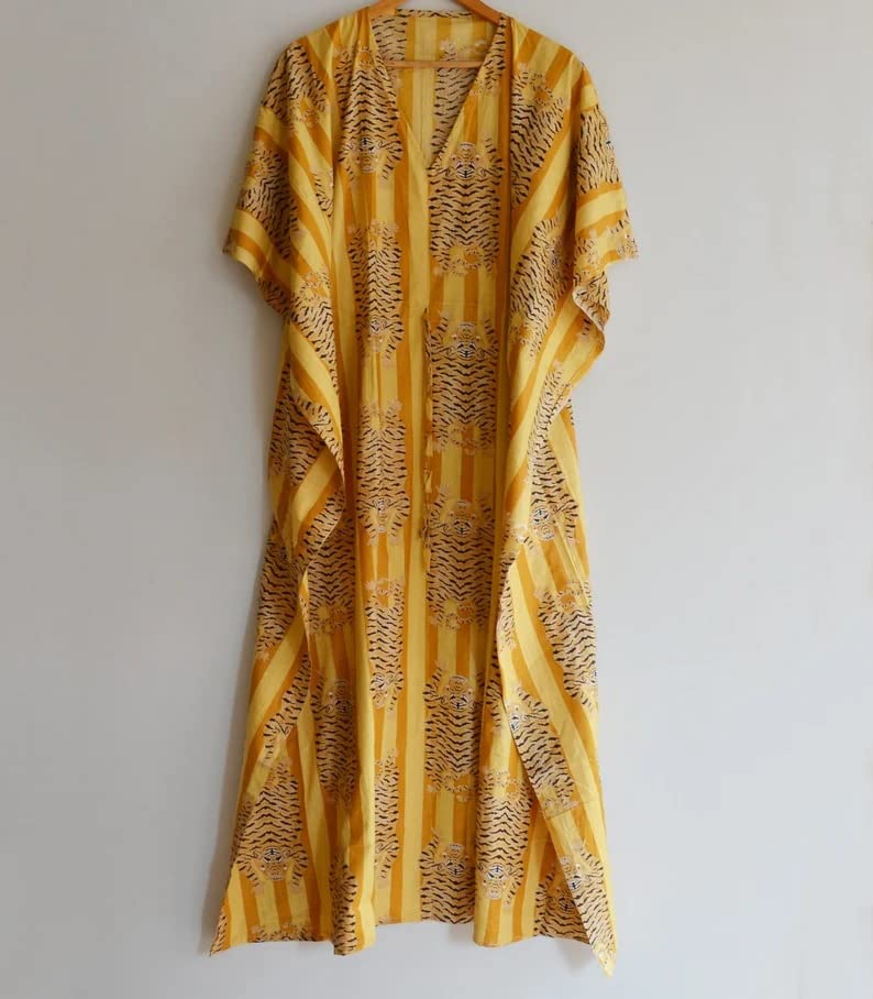 Soft 100% Cotton Handmade Kaftan Dress Beach Cover up Women Night Dress, Indian Hand Block Print Sleepwear Maxi Dress Kimono Robe Multi3