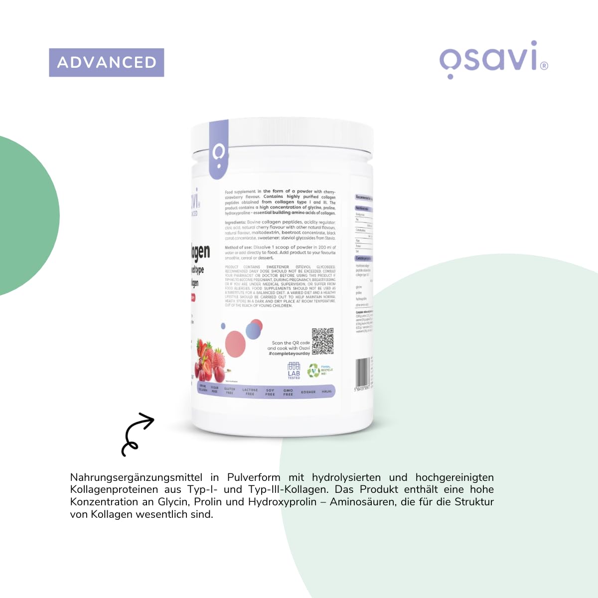 Osavi Hydrolysiertes Kollagen Typ I & III – 660 g Pulver | Kirsch-Erdbeer-Geschmack | 20 g Peptide pro Portion | 18 Aminosäuren inkl. Glycin & Prolin | Unterstützt Muskeln & Knochen | Leicht löslich