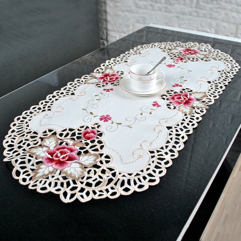 QOXEZY White Oval Embroidered Lace Tablecloth,Vintage Doily Floral Table Cover for Date Wedding Party Home Decor, for FRENCH Country Themed