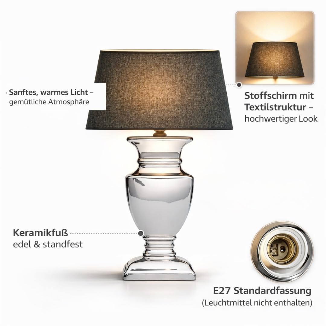 Tischlampe mit Schwarzem Stoffschirm & silbernem Keramikfuß – 53 cm Nachttischlampe mit Kabelschalter – Platzsparende Tischleuchte für Schlafzimmer, Wohnzimmer, Büro – Dekolampe E27, Leselampe