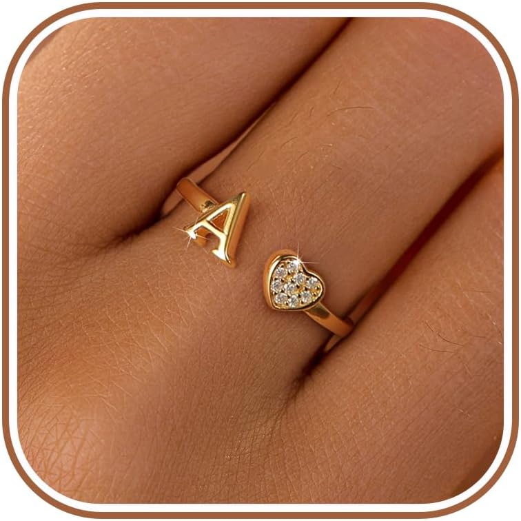 LOVECOM Initial Heart Rings for Women 925 Sterling Silver Gold Adjustable Letter Name Ring Non Tarnish Trendy Stuff Alphabet Letter CZ Stackable Ring Jewelry Gifts for Mom Daughter Sister