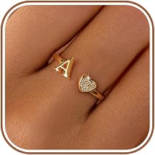 LOVECOM Initial Heart Rings for Women Mom 925 Sterling Silver | Dainty 14K Gold Plated Letter Name Adjustable Ring Non Tarnish Trendy Stuff Alphabet A-Z Stack Ring Jewelry Gifts to Daughter
