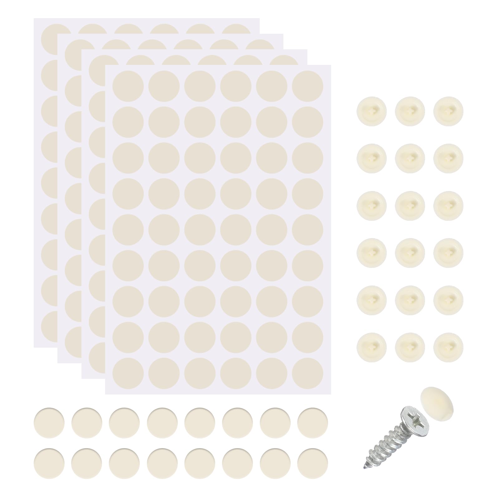sourcing map 216Pcs Screw Hole Stickers and 200Pcs Screw Cover Caps, 12x3.5mm Dustproof Cap Hole Cover Sticker Set ABS Phillips Screws Head for Furniture Cabinet Wardrobe, Ecru