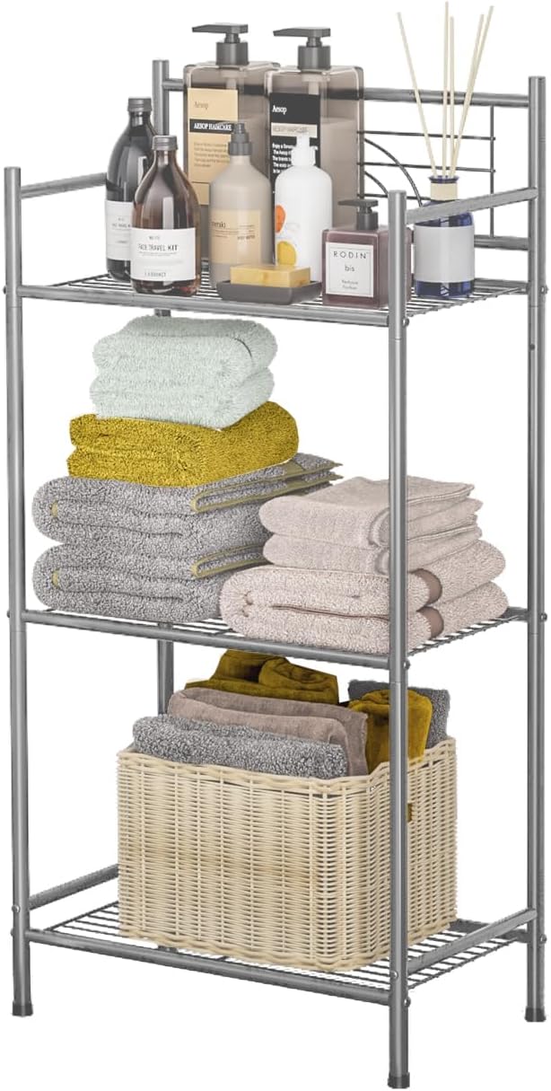 LEEDA 3-Tier Metal Shelving Unit, Sturdy Bathroom Storage Shelf & Free Standing Towel Rack with Adjustable Feet, Open Floor Shelves for Small Space in Bathroom, Kitchen, Office, Silver-Gray