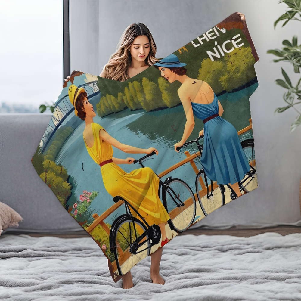 Couverture flanelle Queen Size 150x200cm plaid lit motif deux femmes à vélo