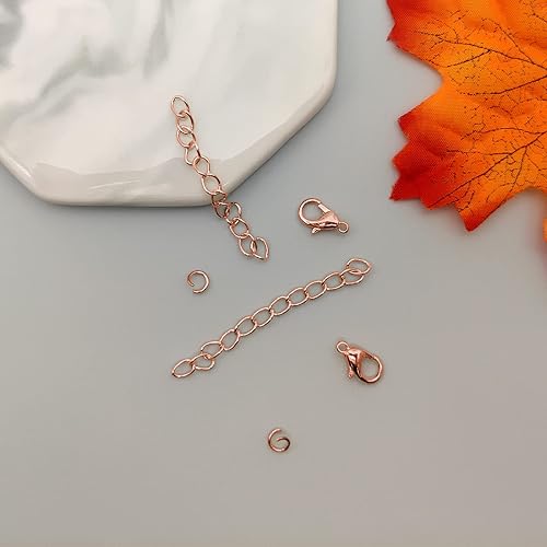 Miniatura 7 de 100 cierres de langosta de aleación+100 cadenas de extensión con 100 anillos de salto, cierre de pinza de langosta de oro rosa, cadena de cola