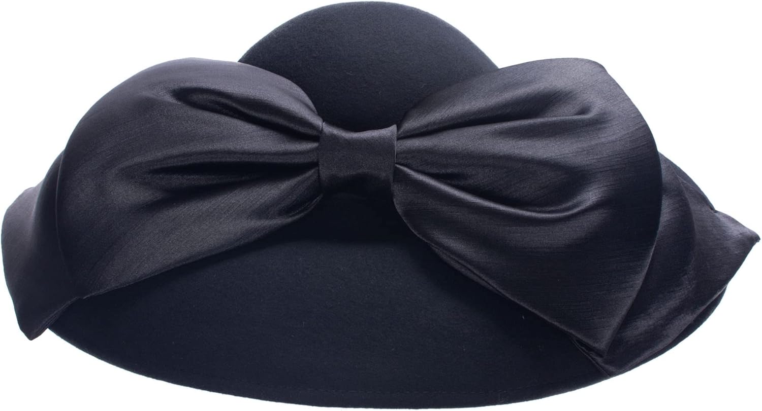 Lawliet Womens Wool Felt Wide Brim Headwear Huge Silk Bow Wedding Occasion Hat T518