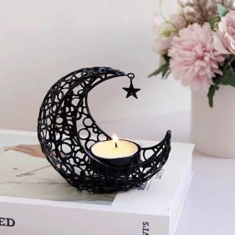 Moon Tea Light Candle Holder, Black Metal Decorative Candle Stand for Home Decor, Gift