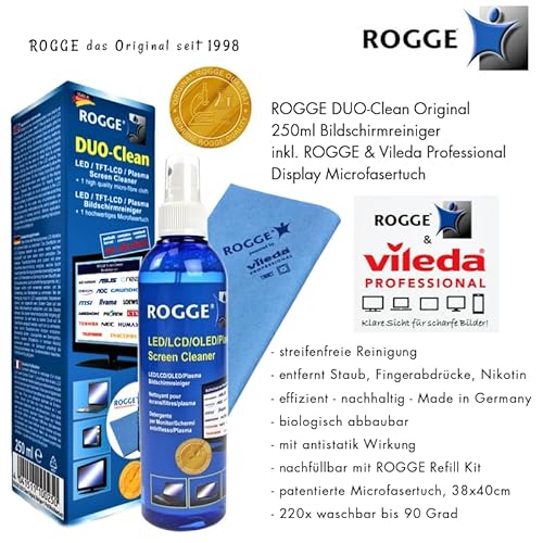 Rogge Duo-Clean® Original 250ml INKL. Vileda Prof. Microfibre, LCD - TFT - LED - TV - Touch Displays + Plasma Screen Cleaner. The Original Since 1998. The by Amazon Germany. Made in Germany