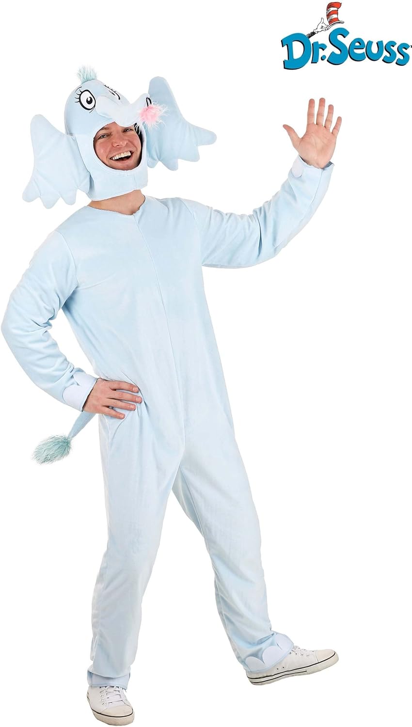 Dr. Seuss Horton Adult Costume - Velour Jumpsuit with Headpiece, Sewn-On Tail, Officially Licensed - Image 2