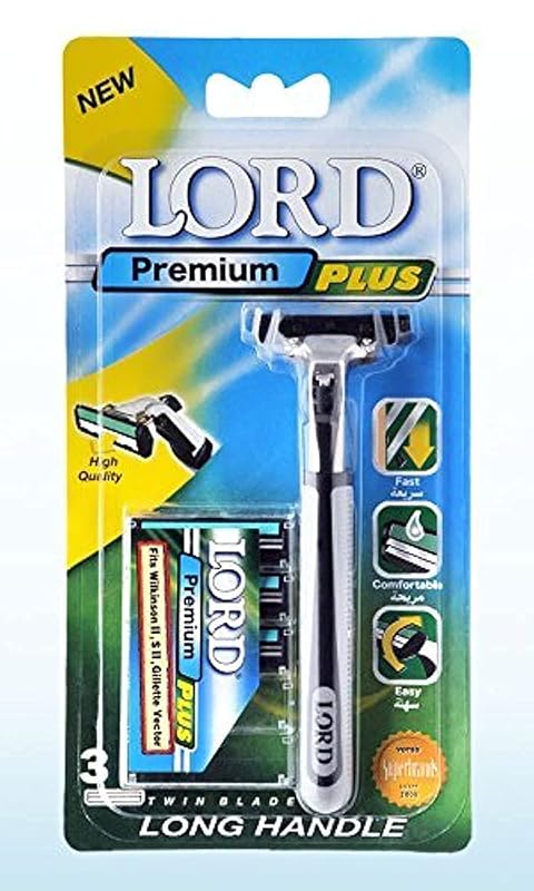 LORD II Aparelho de Barbear com Cabo Longo Emborrachado e 3 Cartuchos de Lâmina Dupla