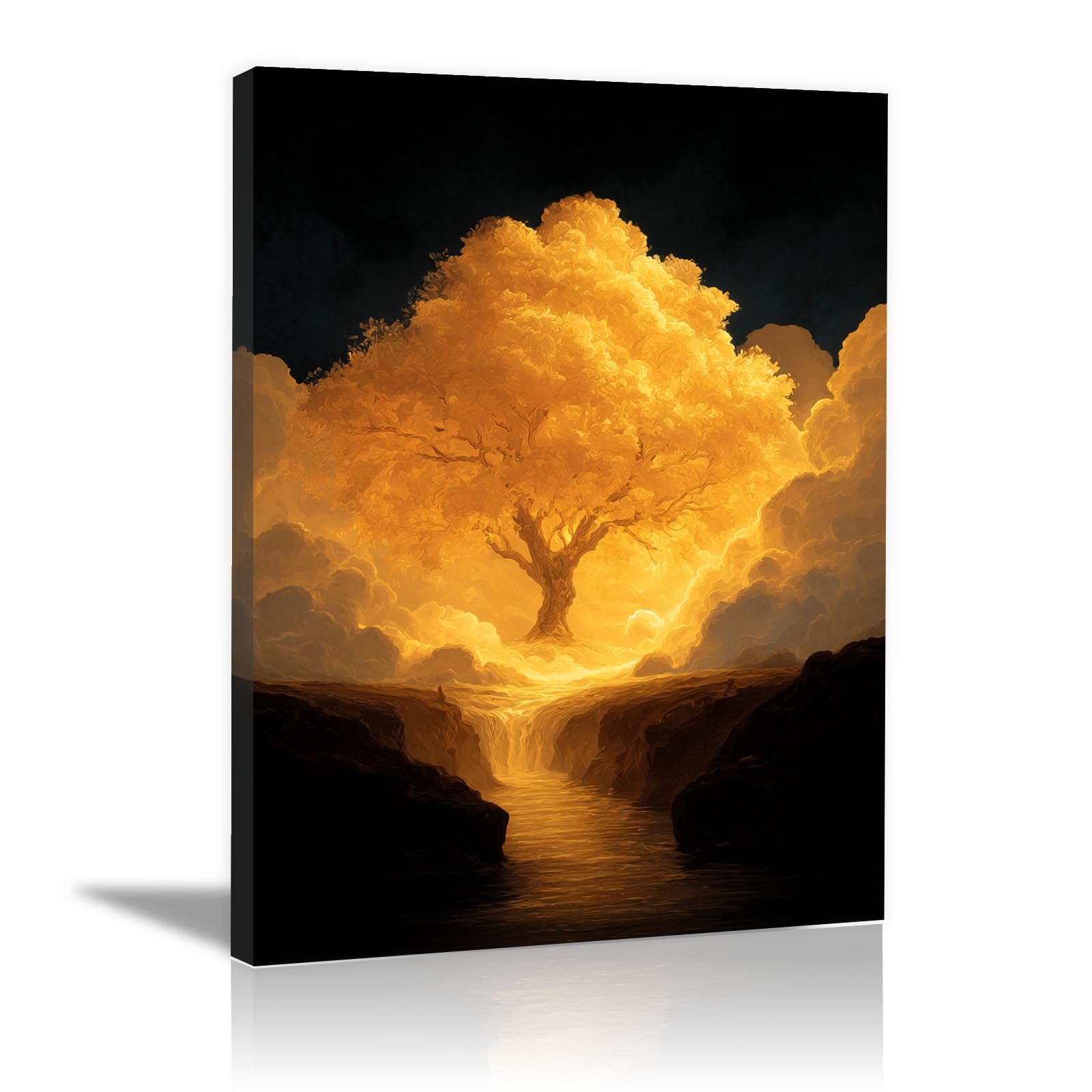 Teruea Gold Watercolor Flower Wall Art Poster Wildflower Prints En Leaf Tree, Waterfall & Rugged Mountain Fantasy Print Romantic Blossom Paintings Plant Pictures Canvas Prints(Gold)-40X60cm1 Framed