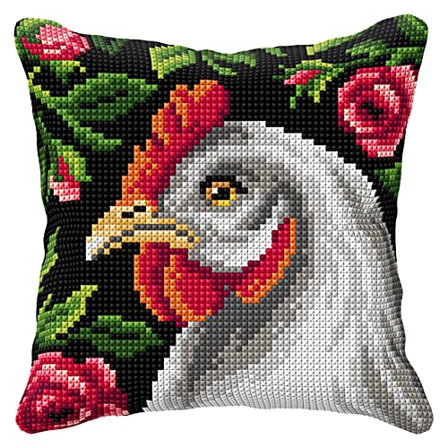 Kit point de croix coussin Poule Orchidea avec canevas peint facile à broder