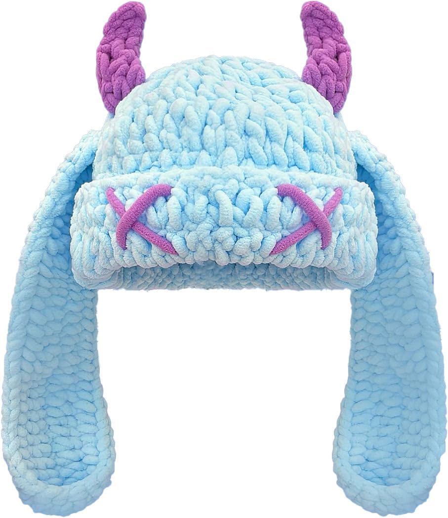 Bunny Chunky Beanie with Devil Horns Cute Chenille Crochet Hat with Long Floppy Ears Pastel Goth Rabbit Winter Skull Cap