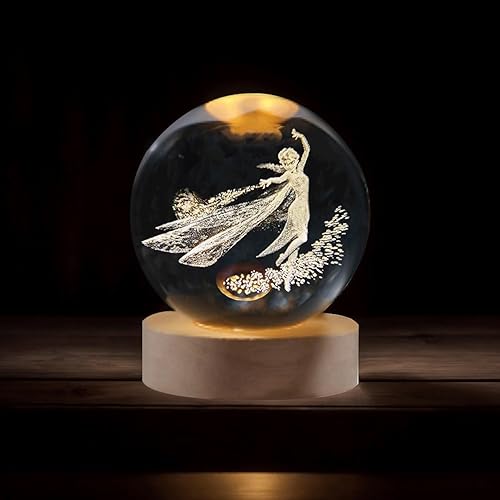 Luz nocturna de bola de cristal 3D, bola de cristal de princesa con base iluminada, bola de vidrio grabada con láser, bola decorativa de luz