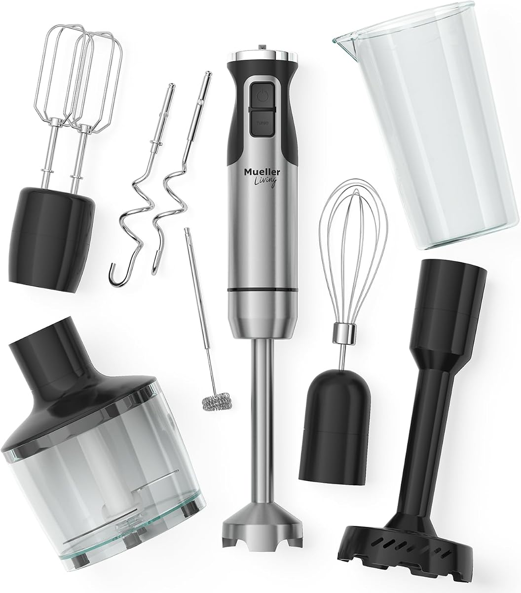 MuellerLiving Immersion Hand Blender - Full Set 7 Attachments, 8 speed | Mixer with 7 Attachments: Stainless Steel Blade, Whisk, Milk Frother, Beater, Mixing Hooks, Potato Masher, Chopper Bowl