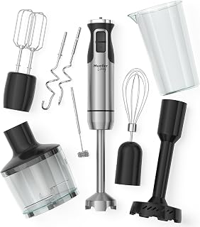 MuellerLiving 8-Speed Immersion Hand Blender with 7 Attachments: Stick Blender, Whisk, Frother, Chopper, Masher for Smoothies, Soups & Baking