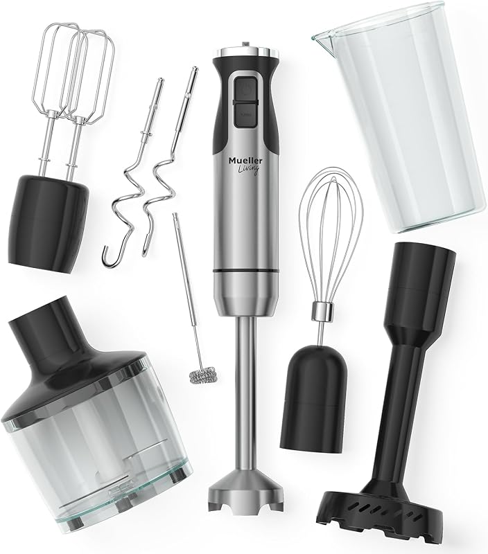 MuellerLiving Immersion Hand Blender - Full Set 7 Attachments, 8 speed | Mixer with 7 Attachments: Stainless Steel Blade, Whisk, Milk Frother, Beater, Mixing Hooks, Potato Masher, Chopper Bowl