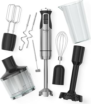 MuellerLiving Immersion Hand Blender Full Set - 8 Speed Immersion Blender, Hand Mixer with 7 Attachments Stainless Steel Blade, Whisk, Milk Frother, Beater, Mixing Hooks, Potato Masher, Chopper Bowl