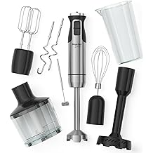 MuellerLiving Immersion Hand Blender Full Set - 8 Speed Immersion Blender, Hand Mixer with 7 Attachments: Stainless Steel Blade, Whisk, Milk Frother, Beater, Mixing Hooks, Potato Masher, Chopper Bowl