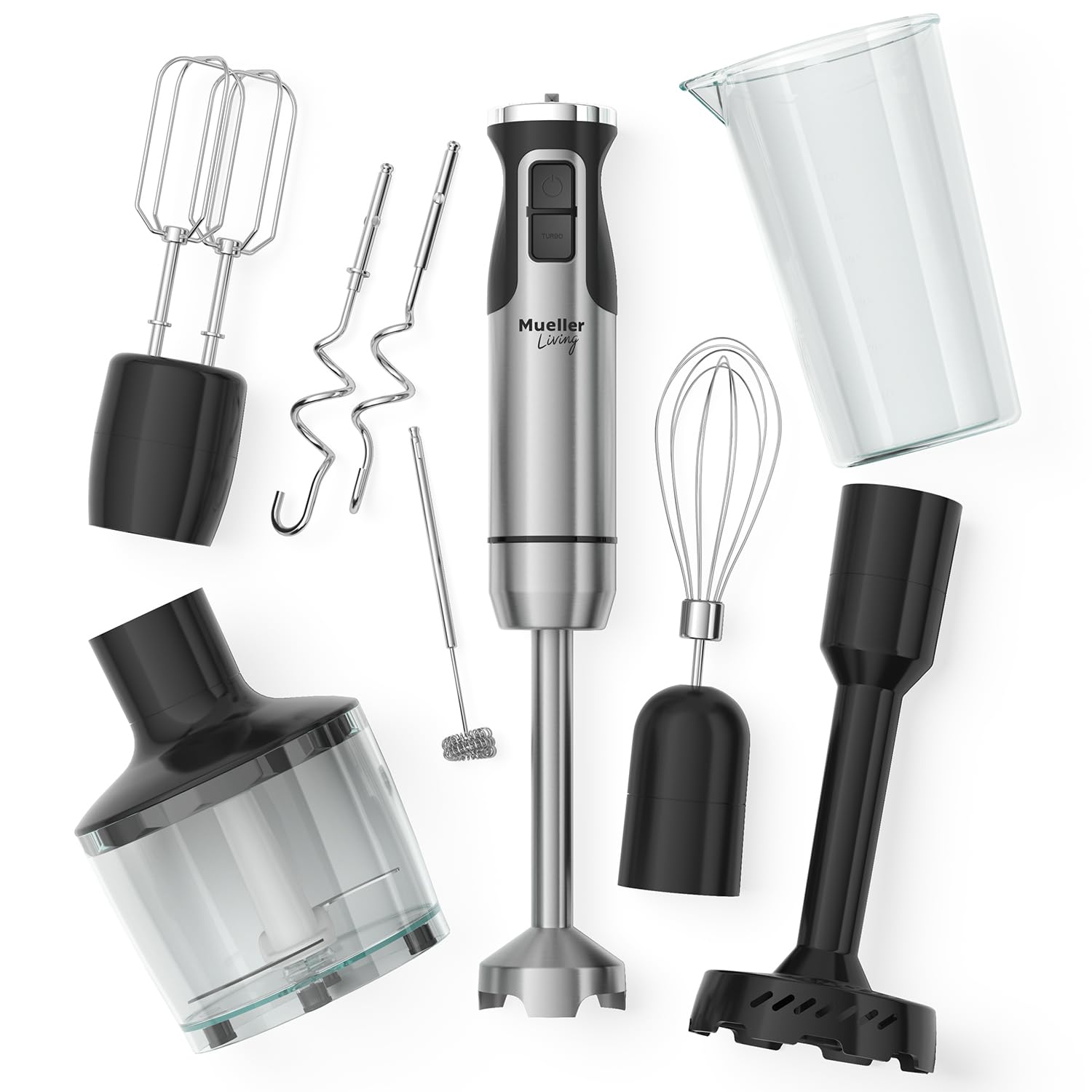 MuellerLiving Immersion Hand Blender Full Set - 8 Speed Immersion Blender Hand Mixer with 7 Attachments Stainless Steel