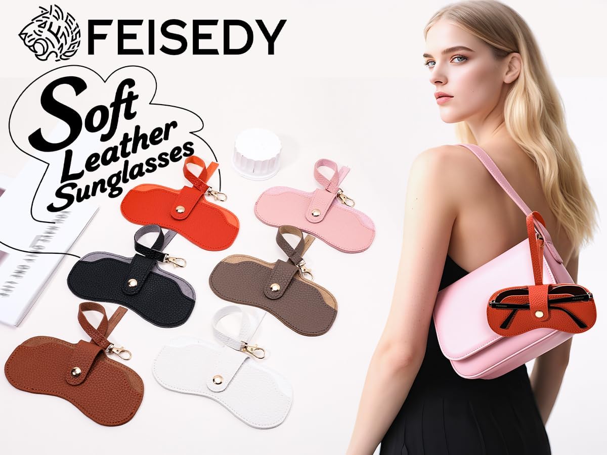 FEISEDY 2Pack Soft Leather Sunglass Case-Slim Portable Glasses Holder with Button-Closure Wrist Strap for Travel & Outdoor B0308 - Image 7