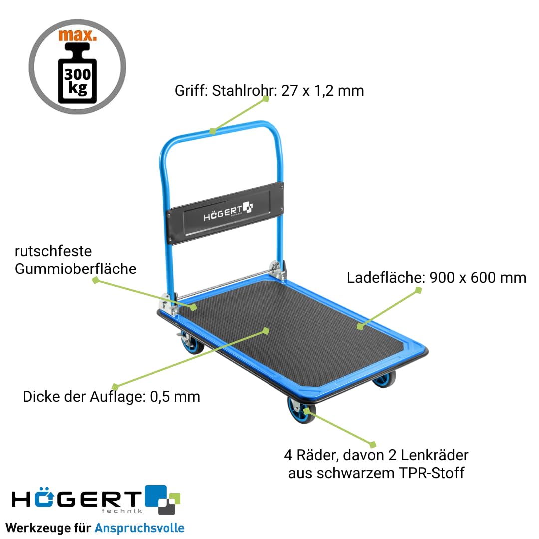 Högert Technik - Wózek ręczny Heavy Duty 900 x 600 mm – nośność do 300 kg – kierownica – uchwyty do wózka transportowego