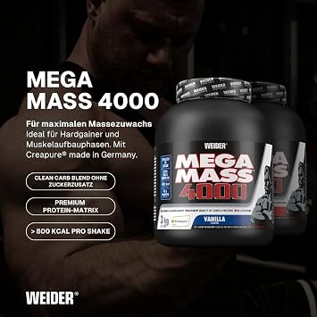 Weider Mega Mass 4000 3kg Vanille Weight Gainer Pulver 48g Protein & Kreatin pro Portion Für hohe Kalorienaufnahme