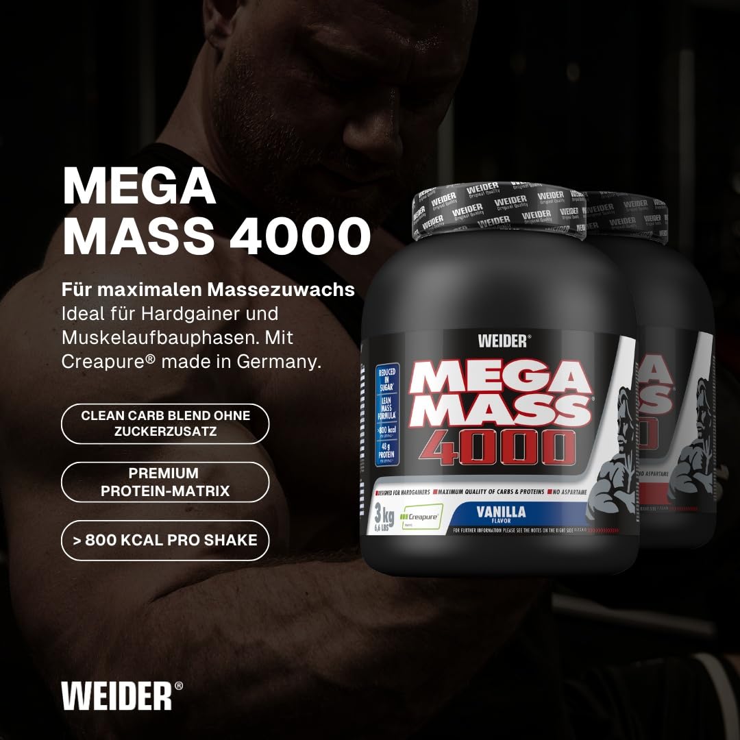 Weider Mega Mass 4000 - Weight Gainer Pulver mit 48g Protein & Kreatin pro Portion - Für hohe Kalorienaufnahme - 3kg - Vanille
