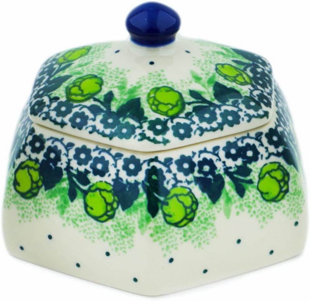 Polmedia Polish Pottery Jar with Lid - Green Flora Pattern Handmade in Boleslawiec Poland by Ceramika Artystyczna + Certificate of Authenticity