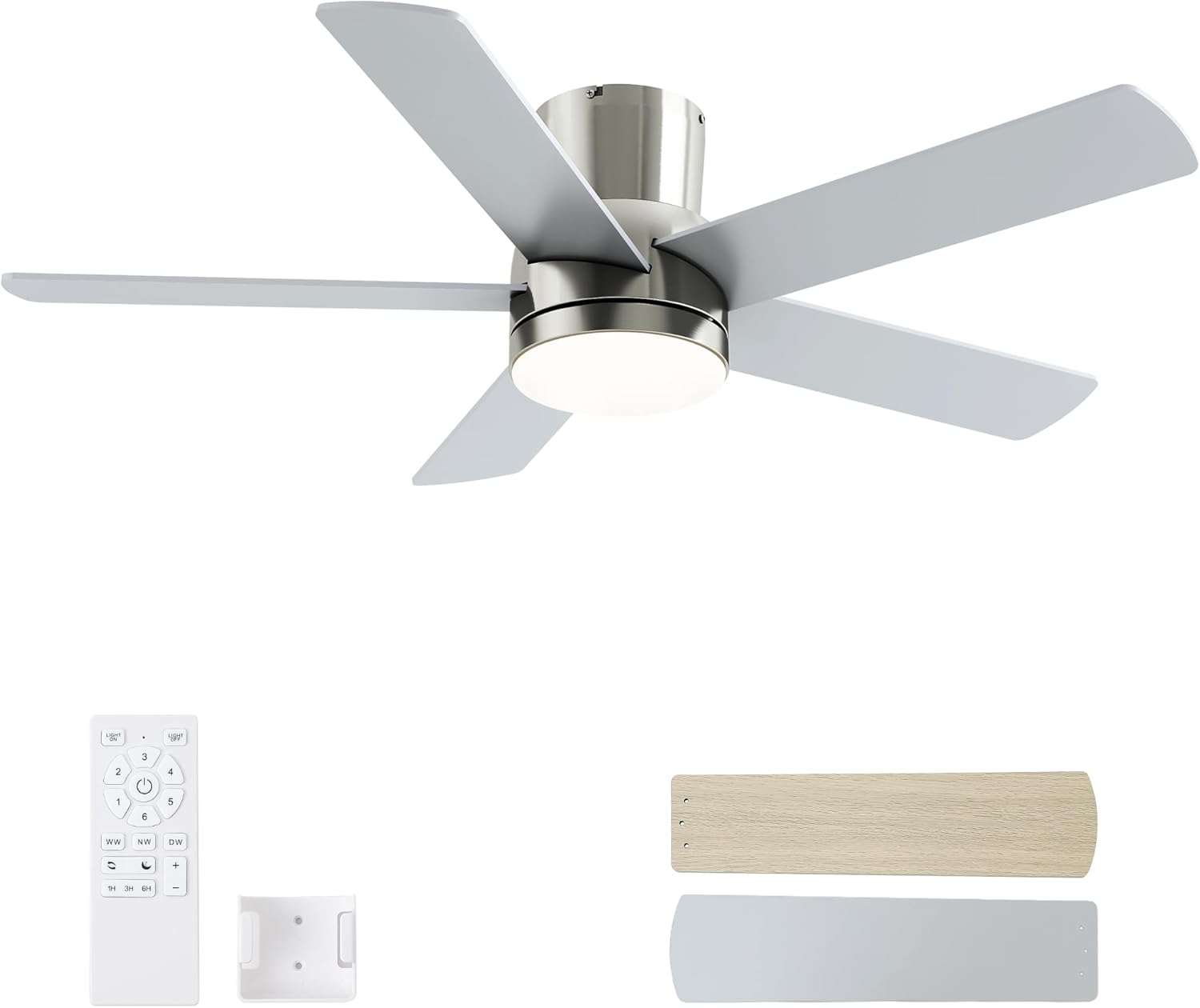 42 Inch Brushed Nickel Ceiling Fan with Light, Flush Mount and Remote Control, Dimmable 3-Color Temperature LED, 6-Speed Reversible DC Motor, 5-Blade Modern Design for Indoor or Outdoor