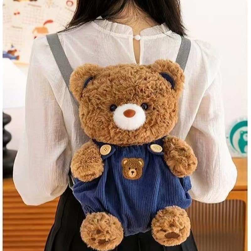 Image of Women Animal Teddy Bear Plush Backpack with Adjustable Straps (Overalls bear blue)