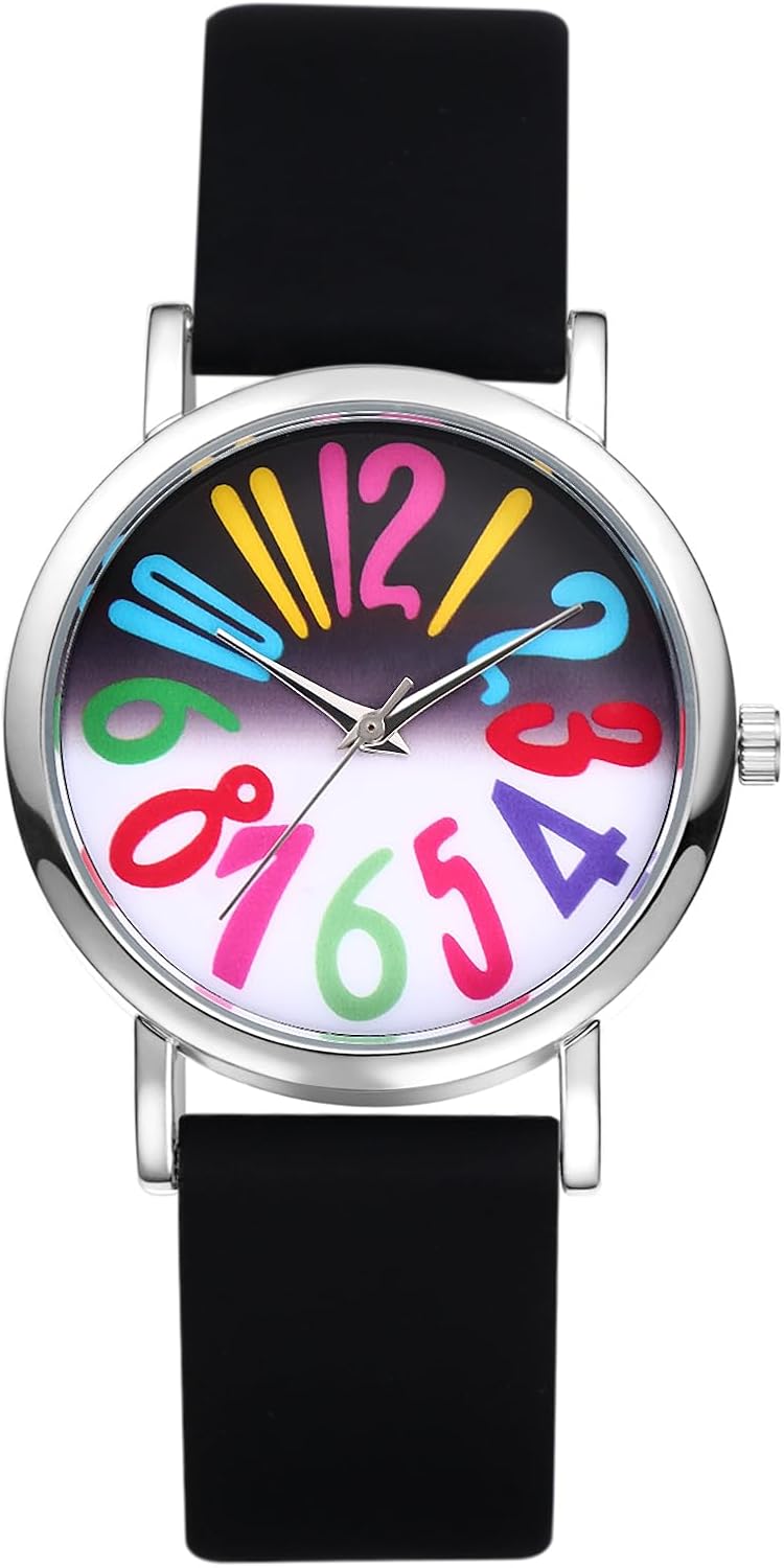 JewelryWe Women's Big Face Watch - Colorful Big Arabic Numbers Dial Easy to Read Quartz Watches Adjustable Silicone Wristwatch, Black Strap for Valentine's Day