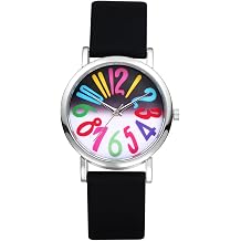JewelryWe Women's Big Face Watch - Colorful Big Arabic Numbers Dial Easy to Read Quartz Watches Adjustable Silicone Wristwatch, Black Strap for Mother's Day