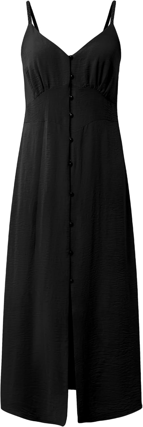Women's Summer Casual Solid Color Dress Boho Sleeveless Spaghetti Strap Button Down Cardigans V Neck Maxi Dresses